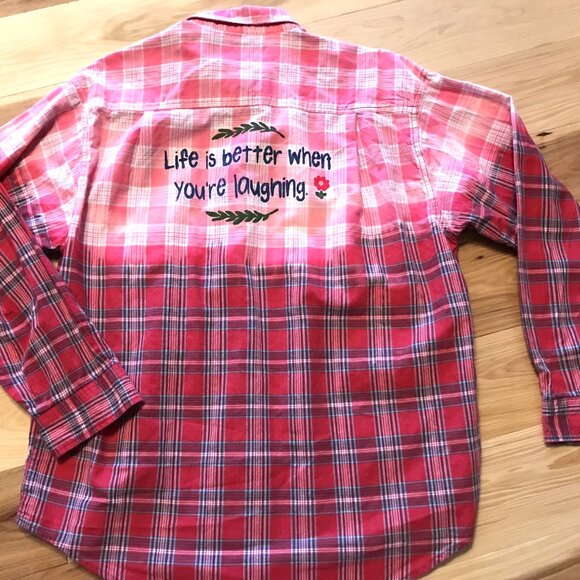 Bleached Plaid Upcycled Shirt: Plus Size Western Top with Inspirational Quote - Picture 8 of 11